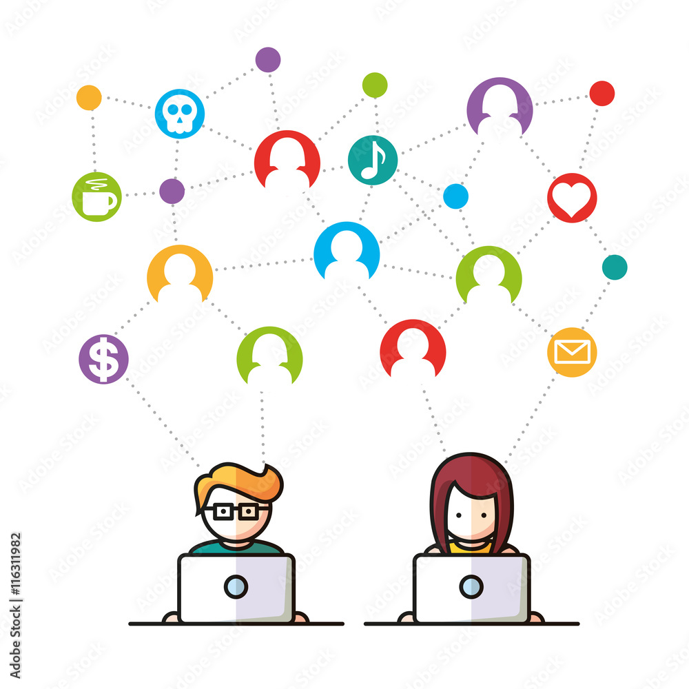 Social Media, network people with computers vector illustration Social Media, network people with computers vector illustration