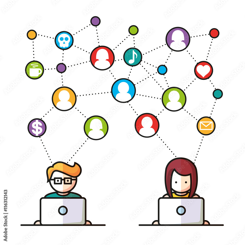Social Media, network people with computers vector illustration Social Media, network people with computers vector illustration