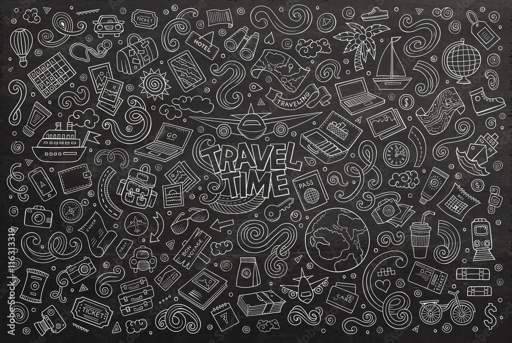 Vector doodle cartoon set of travel theme items Vector doodle cartoon set of travel theme items