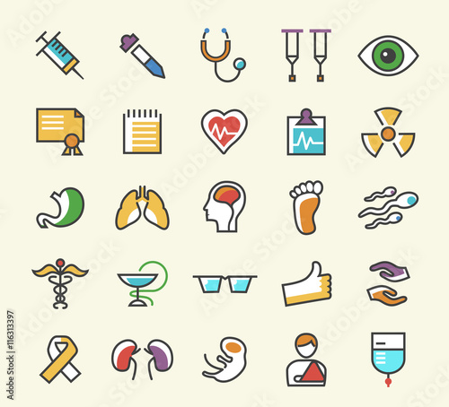 Set of 25 Minimalistic Solid Line Coloured Medical Icons. Isolated Vector Elements.