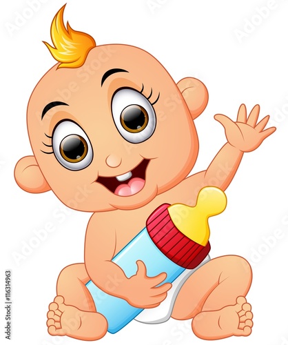 Happy baby cartoon holding milk bottle