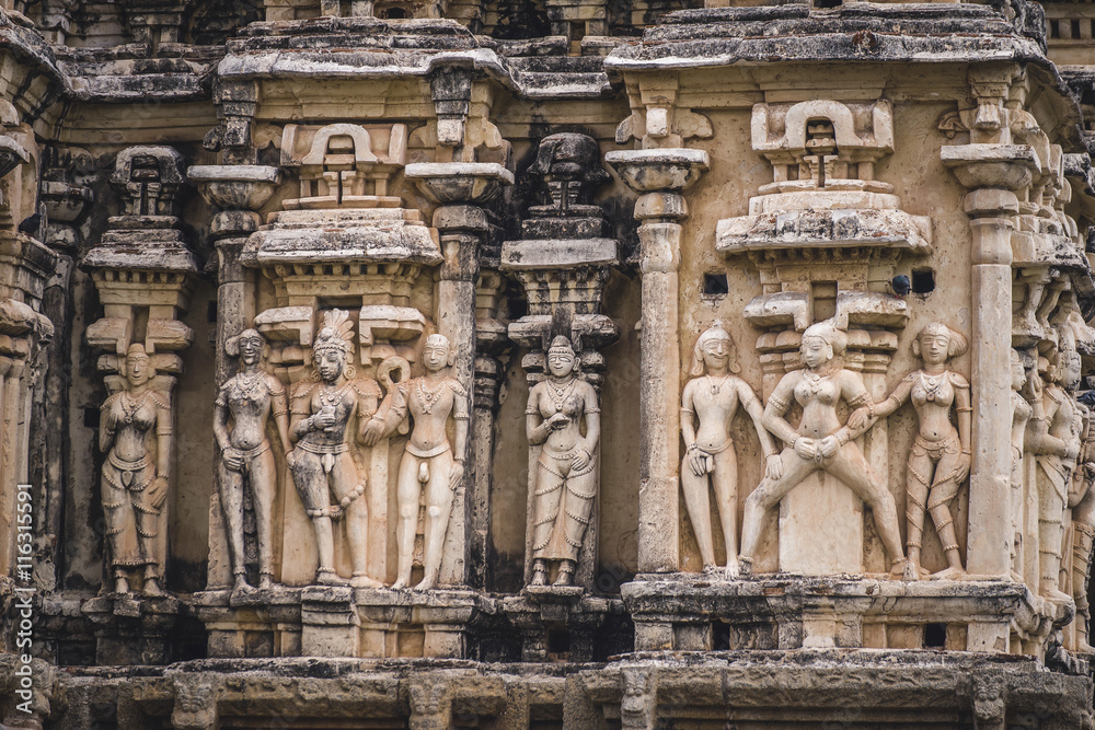 Erotic carvings on the walls of Virupaksha temple in Hampi, India