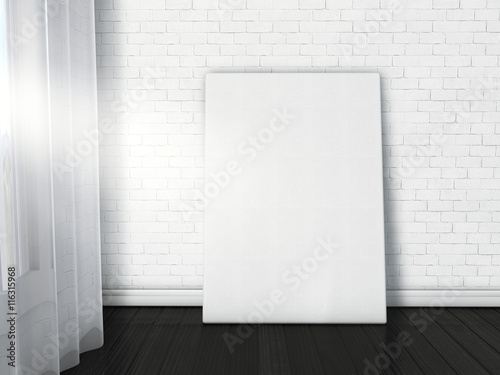 Empty canvas poster on tje bright loft interior. Blank poster mock up on white brick wall with dark wooden floor opposite window. 3d illustration photo