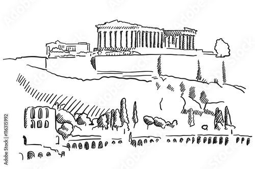 Athens Acropolis Greece Vintage Sketch