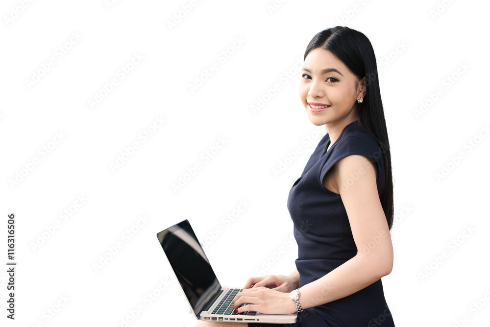 Asian woman sitting and playing a laptop on white isolated background Asian woman sitting and playing a laptop on white isolated background