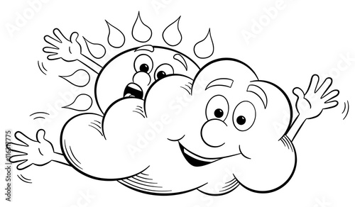 Cartoon Sonne und Wolke spielen bedeckten Himmel 