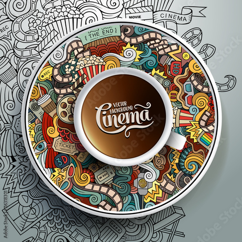 Vector illustration with a Cup of coffee and hand drawn Cinema