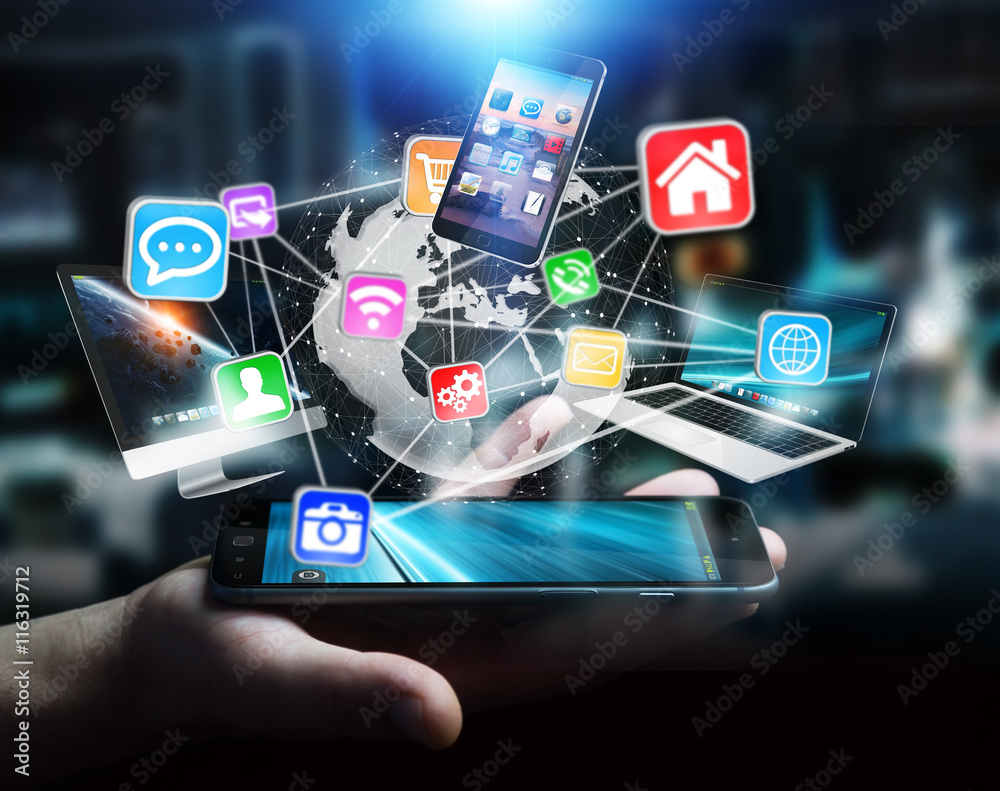 Tech devices and icons connected to digital planet earth Tech devices and icons connected to digital planet earth