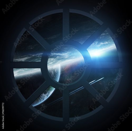 Fototapeta Naklejka Na Ścianę i Meble -  View of outer space from a spaceship cabin