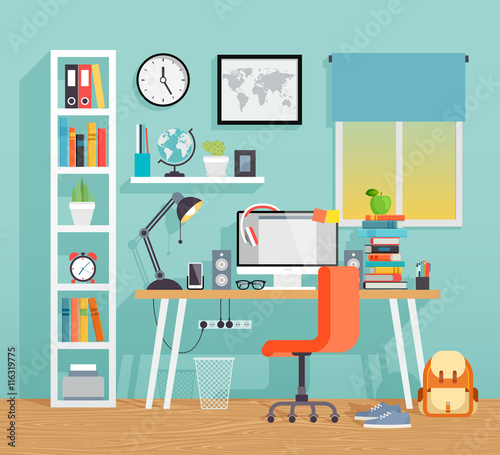 Workplace of the schoo kid - flat style.