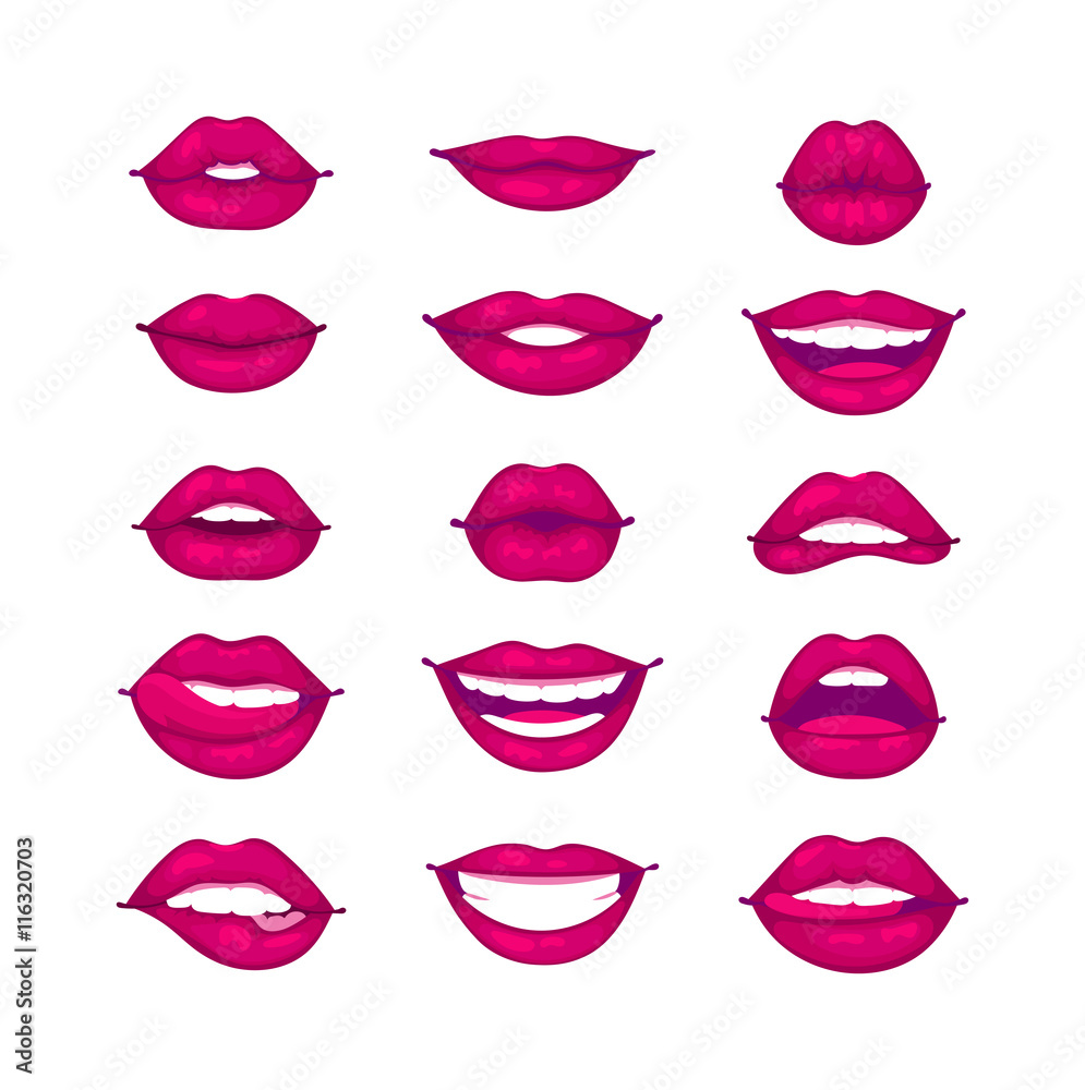 Fototapeta premium Female lips isolated on white sweet passion lust makeup mouth. Set woman lips romance cosmetic sensuality desire. Set of mouth smile woman red woman lips isolated shape romantic
