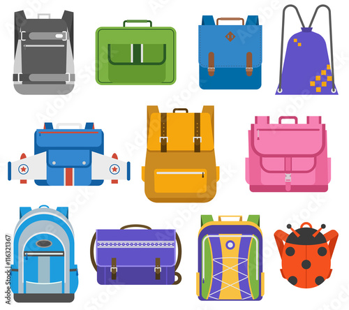 Kids school bags isolated on white background. Cartoon style school bags handle strap sack, textile rucksack. School bags children equipment. School supplies educational full schoolbag adventure.