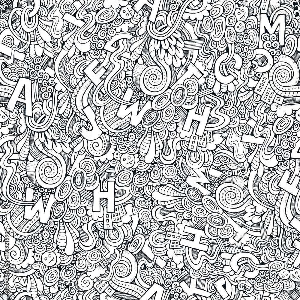 Letters abstract decorative doodles seamless pattern