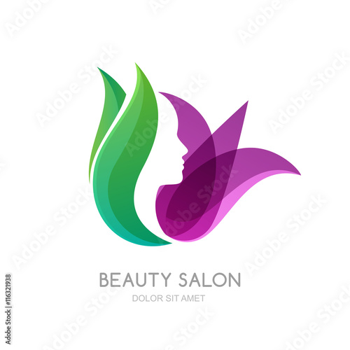 Female face on green leaves and lily flower background. Vector logo, label, emblem design elements. Womens profile and tulip flower. Concept for beauty salon, massage, cosmetic and spa. #116321938