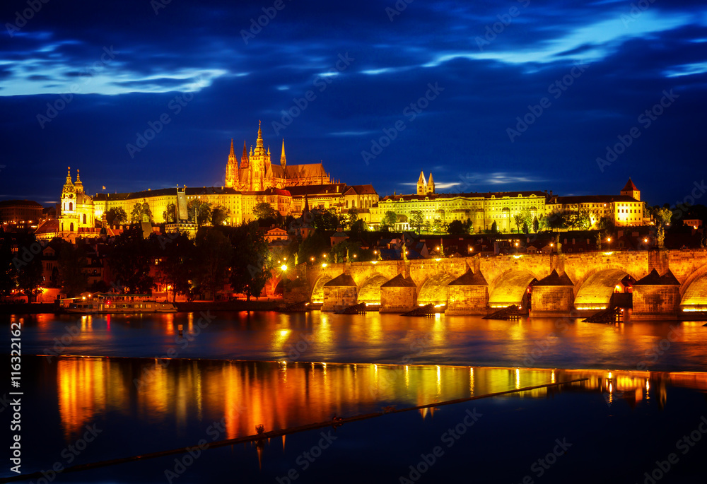 skyline of Prague with Vitus cathedral and Charles bridge