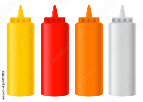Various Condiment Bottles Mustard Ketchup Chili Mayonaise