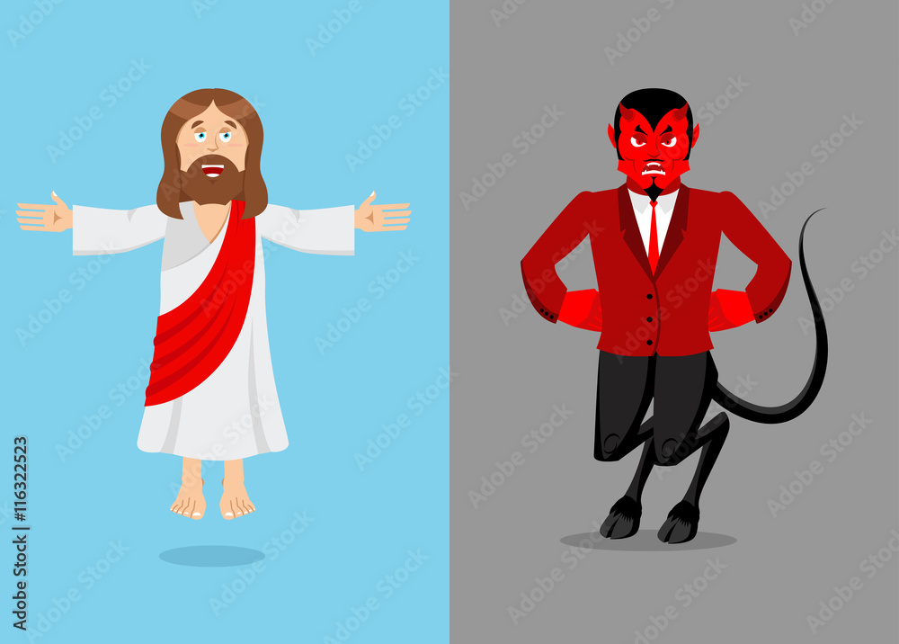 Jesus and devil. Christ and Satan. Son of God and demon Lucifer. Векторный  объект Stock | Adobe Stock