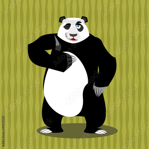 Fototapeta Naklejka Na Ścianę i Meble -  Panda thumb up and winks. Chinese bear all good. Signs all right