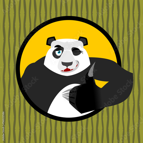 Fototapeta Naklejka Na Ścianę i Meble -  Panda thumb up and winks. Chinese bear all good. Signs all right