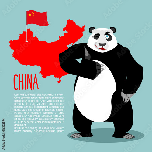 Fototapeta Naklejka Na Ścianę i Meble -  Panda and map and flag of China. Chinese medvde showing thumbs u