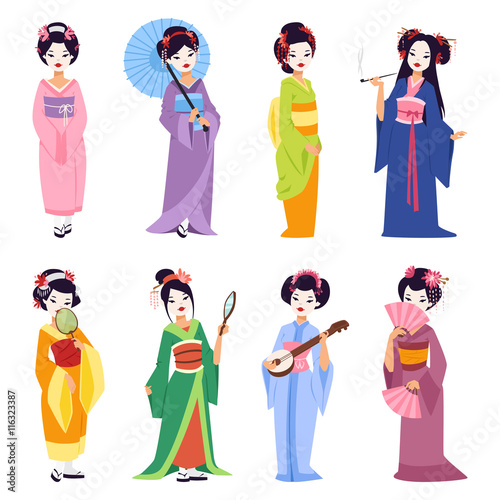 Vector set of kokeshi dolls japanese geisha girls. Colorful kimono pretty traditional woman beautiful makeup japanese geisha girls. Japanese geisha girls fashion culture beauty art.