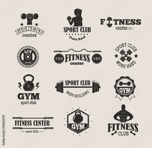 Set of monochrome gym fitness emblems, labels, badges, logos and designed elements. Gym fitness logo muscle body weight bodybuilding. Strong people club vector gym fitness logo set.