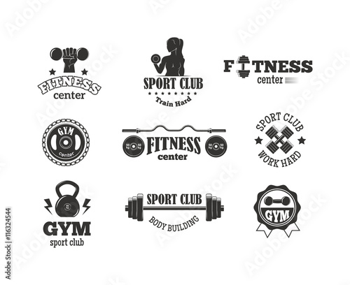 Set of monochrome gym fitness emblems, labels, badges, logos and designed elements. Gym fitness logo muscle body weight bodybuilding. Strong people club vector gym fitness logo set.