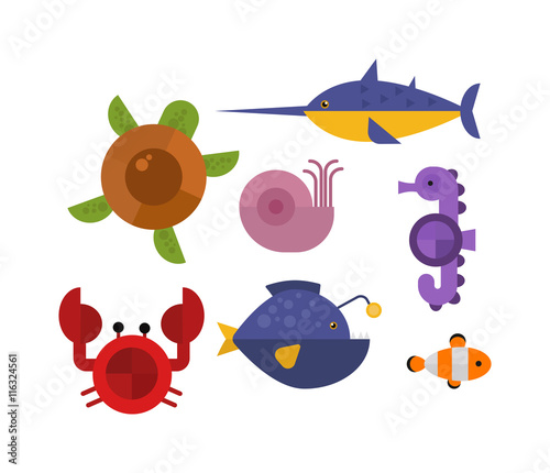 Vector set of cute sea animals creatures characters. Cartoon ocean underwater crab sea animals. Cute aquarium life water collection isolated turtle graphic aquatic tropical sea animals.