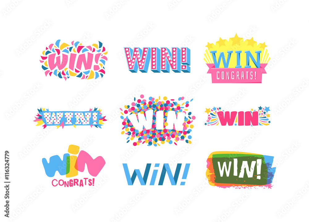 Win sign with colour confetti vector paper illustration. Success luck message contest promotion win text. Banner competition award lucky lottery word win text. Shop or web site reward gamble champion Win sign with colour confetti vector paper illustration. Success luck message contest promotion win text. Banner competition award lucky lottery word win text. Shop or web site reward gamble champion