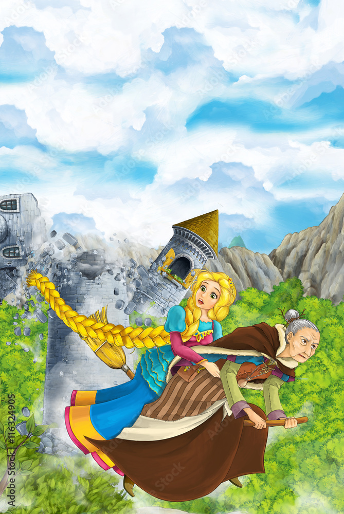 Naklejka premium Cartoon scene of a with flying on a broomstick with young girl - in background collapsing medieval tower - beautiful manga girl - illustration for children