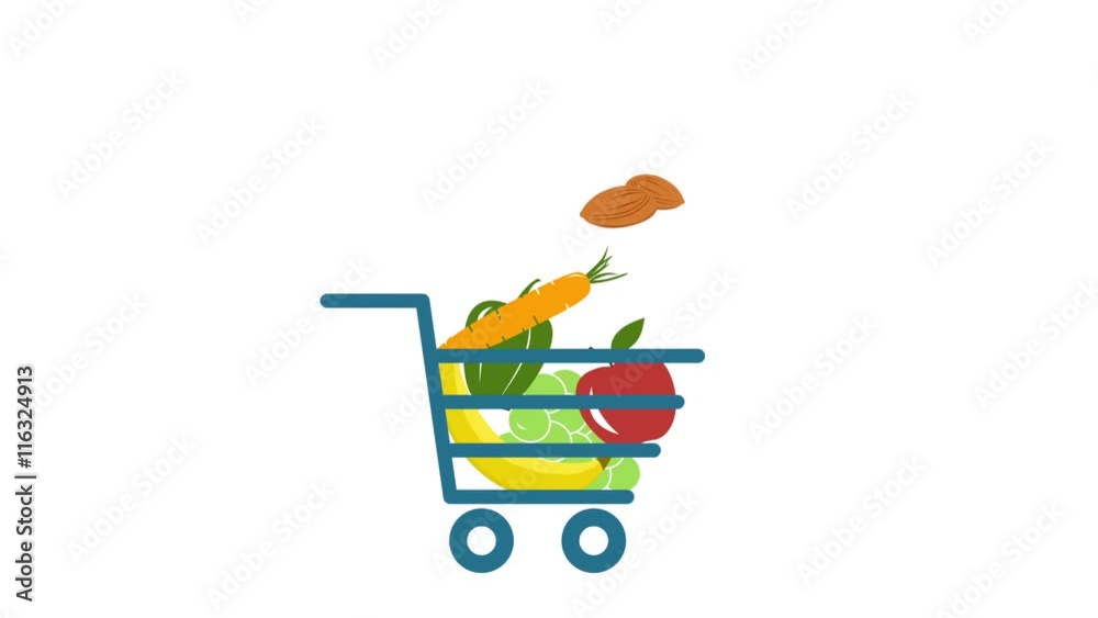 Animated shopping cart, buying fruits and vegetables. Healthy lifestyle concept. Ultra High Definition 4K video.