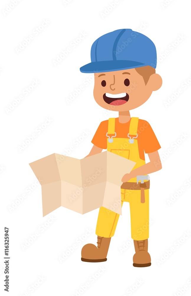 Builders kid with plan builder with tools. Vector character builder kid, cute child construction. Little person work equipment. Fun young profession.