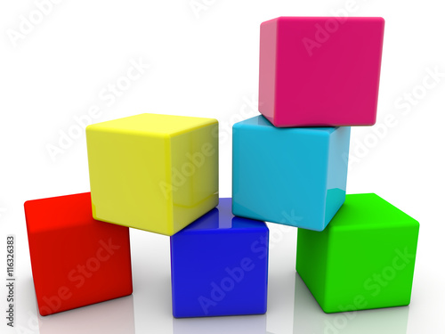 Toy cubes in six colors on white