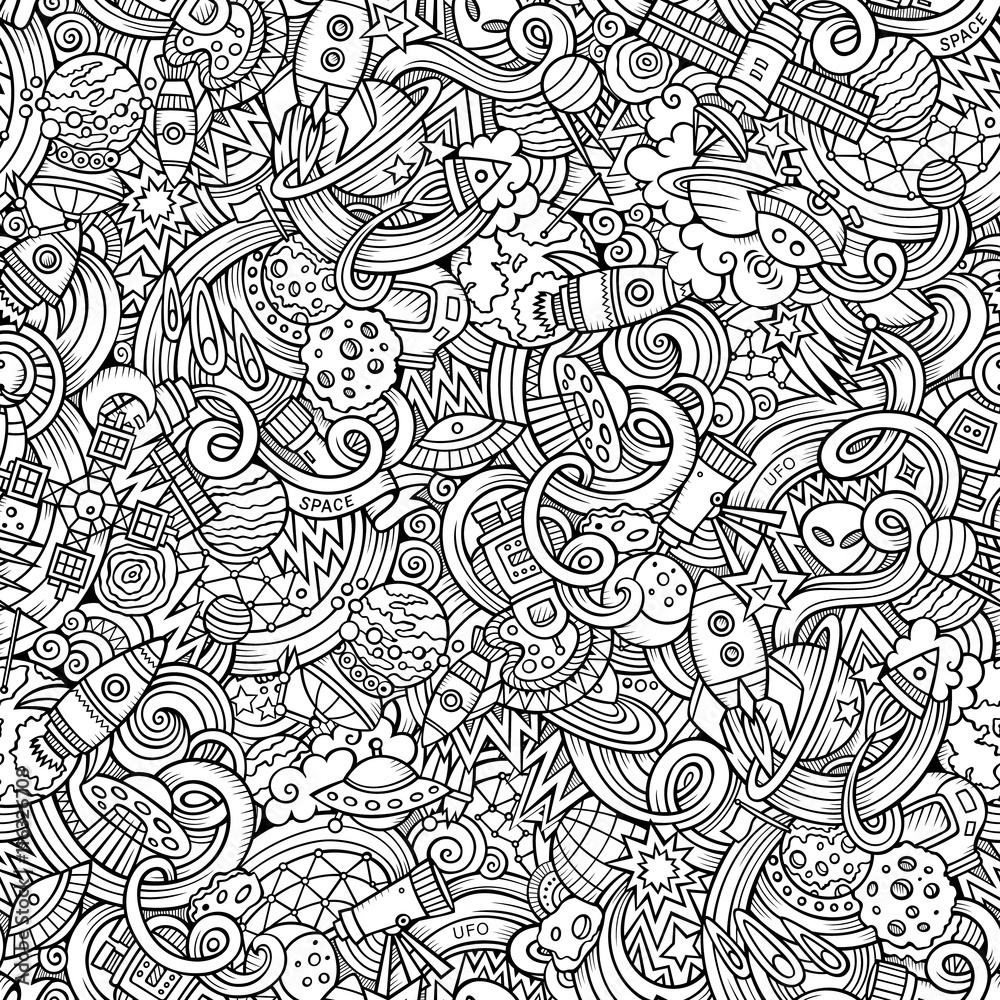 Cartoon hand-drawn doodles on the subject of space pattern Cartoon hand-drawn doodles on the subject of space pattern