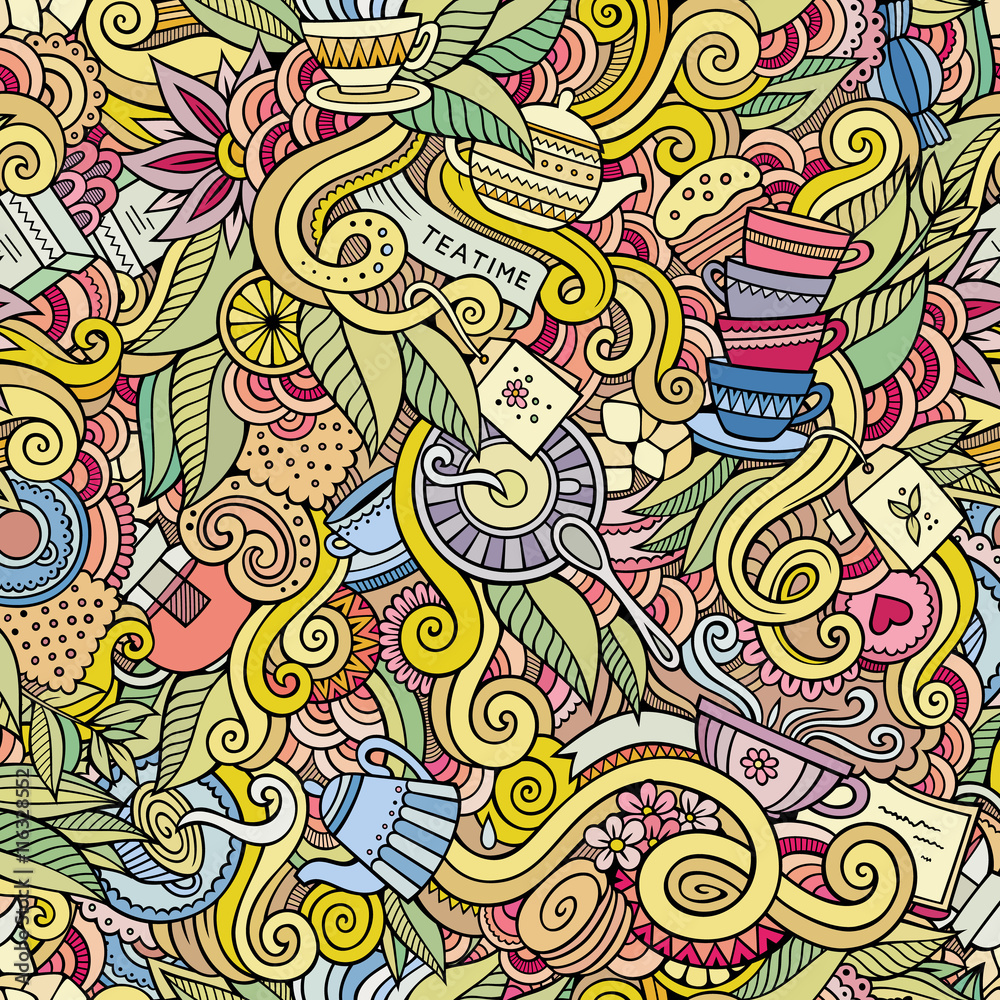 Seamless tea doodles abstract pattern background