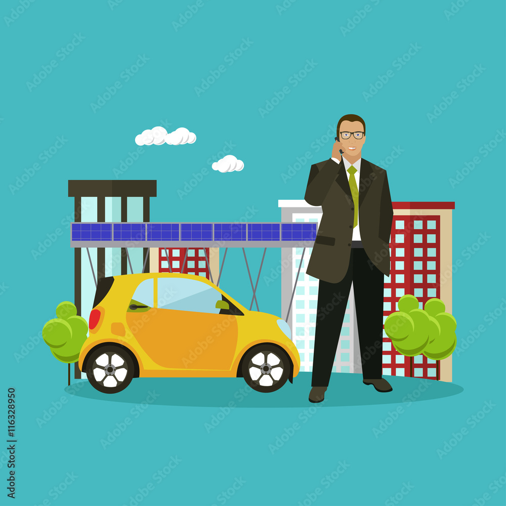 Smart city concept vector illustration in flat style. Businessman talks by smartphone. Smart city concept vector illustration in flat style. Businessman talks by smartphone.