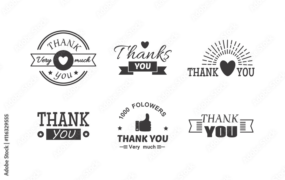 Vintage label with thank you text vector set. Thank you text design label card lettering type banner symbol. Letter typography thank you handwritten decorative calligraphic message text.