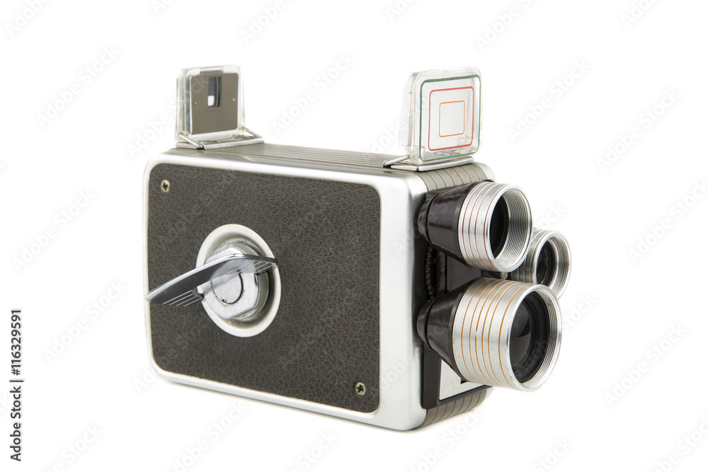 Naklejka premium vintage amateur movie camera / isolated on white portrait of a vintage movie camera