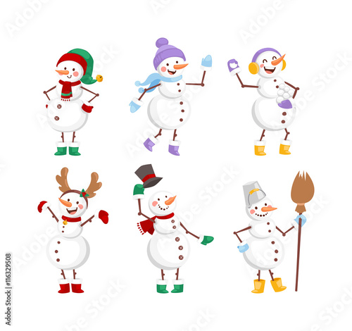 Vector cartoon cute white snowman in clothes with attributes of Christmas in hands on white background. Color cartoon snowman characters. Vector cartoon snowman