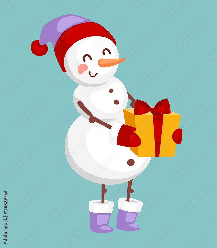 Vector cartoon cute white snowman in clothes with attributes of Christmas in hands on background. Color cartoon snowman characters. Vector cartoon snowman
