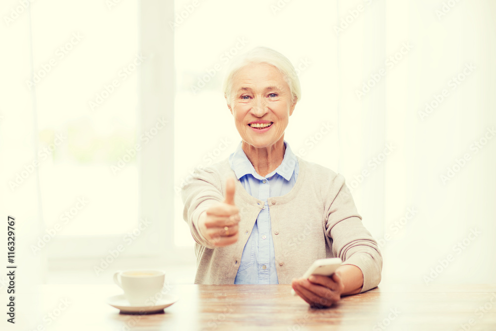 senior woman with smartphone showing thumbs up senior woman with smartphone showing thumbs up