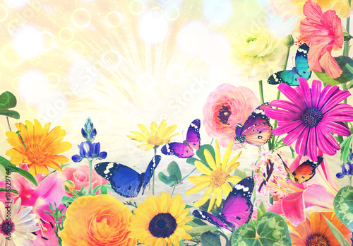 Fototapeta Naklejka Na Ścianę i Meble -  Colorful beautiful flowers and butterflies flying. Sweet blurred gentle buttercups in the background. Summertime ( springtime) nature and wildlife abstract background