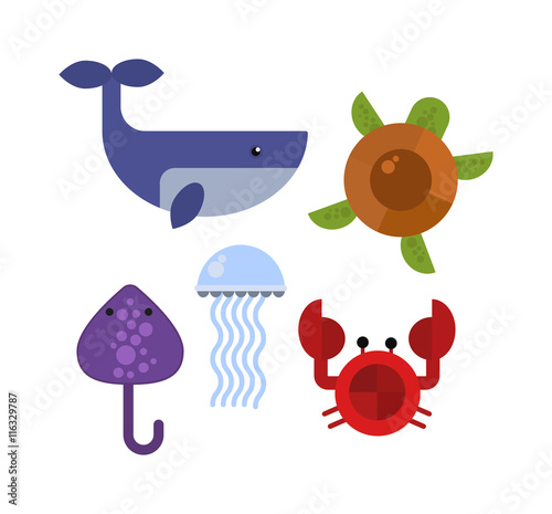Vector set of cute sea animals creatures characters. Cartoon ocean underwater crab sea animals. Cute aquarium life water collection isolated turtle graphic aquatic tropical sea animals.