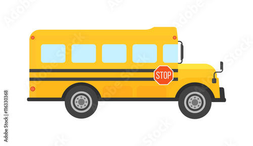 Illustration of school kids riding yellow schoolbus transportation education. Student child isolated school bus safety stop drive vector. Travel automobile school bus public trip childhood truck.