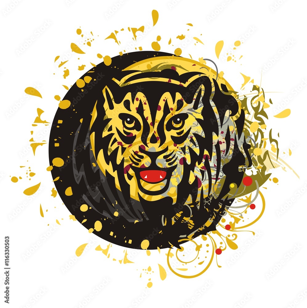 Grunge tiger circle. Tribal young growling tiger head splashes in a ...