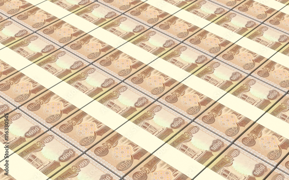 Iraqi dinars bills stacked background. 3D illustration. Iraqi dinars bills stacked background. 3D illustration.