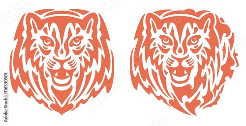Fototapeta Naklejka Na Ścianę i Meble -  Flaming tiger head. Tribal flaming young growling tiger head. Two options