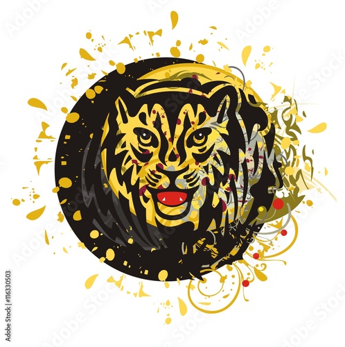 Fototapeta Naklejka Na Ścianę i Meble -  Grunge tiger circle. Tribal young growling tiger head splashes in a circle 