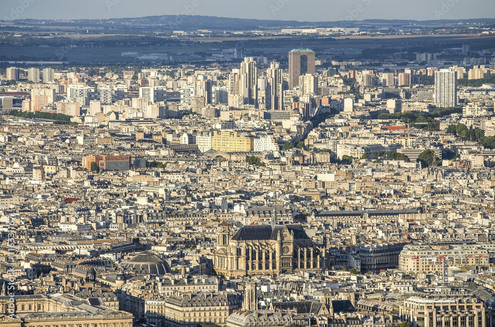 Aerial view of Notre dam taken from Montparnasse Tower in Paris, France