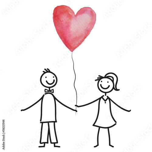 Hochzeit - Glückliches junges Paar verliebt mit Herzluftballon, Herz in Aquarell, Heiraten und Hochzeit feiern, Familie gründen, Familienfest